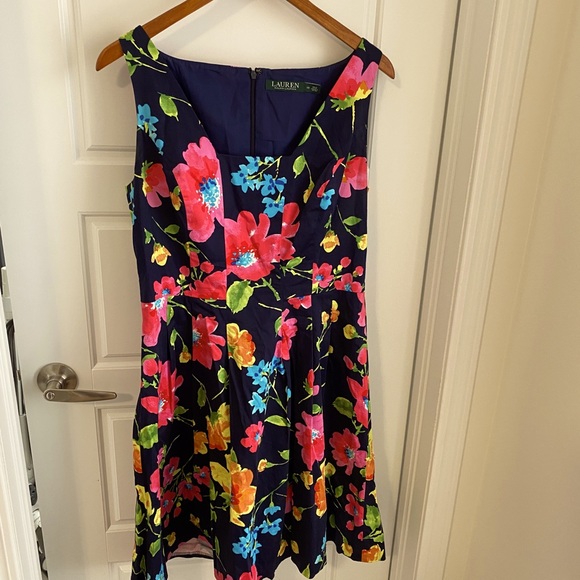 Navy Blue and Pink Floral Cotton Mini Dress - Picture 1 of 6